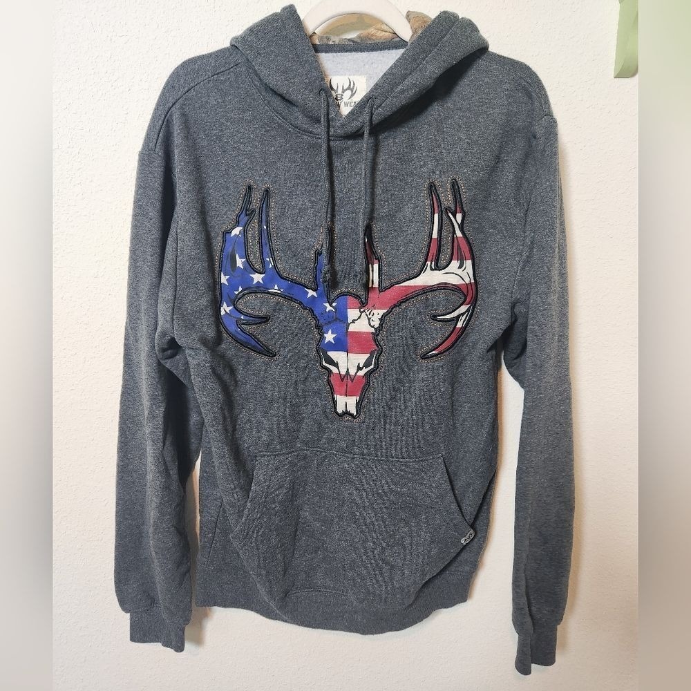 Buck Wear Realtree Edge Gray American Flag Buck Single Pocket Hoodie Pullover M‎